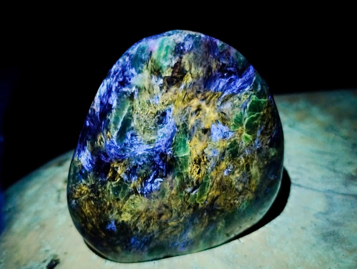 Polished Emerald Mica 'Mutokolite' Standing Free Forms x 3 From Mutoko, Zimbabwe