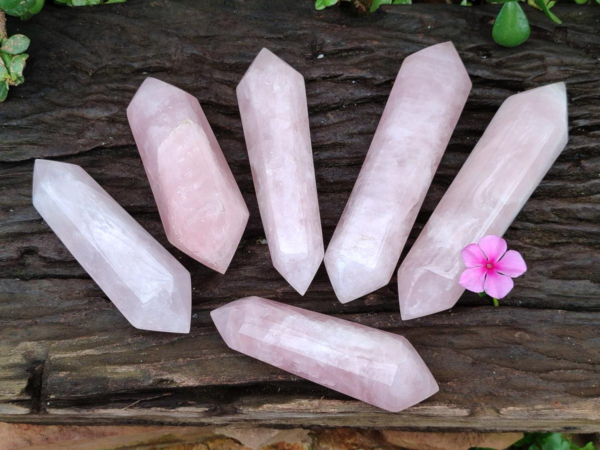 Polished Double Terminated Rose Quartz Crystals x 6 From Madagascar - Toprock Gemstones and Minerals 