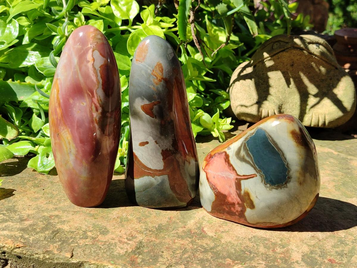 Polished Polychrome Jasper Standing Free Forms x 3 From NW Coast, Madagascar