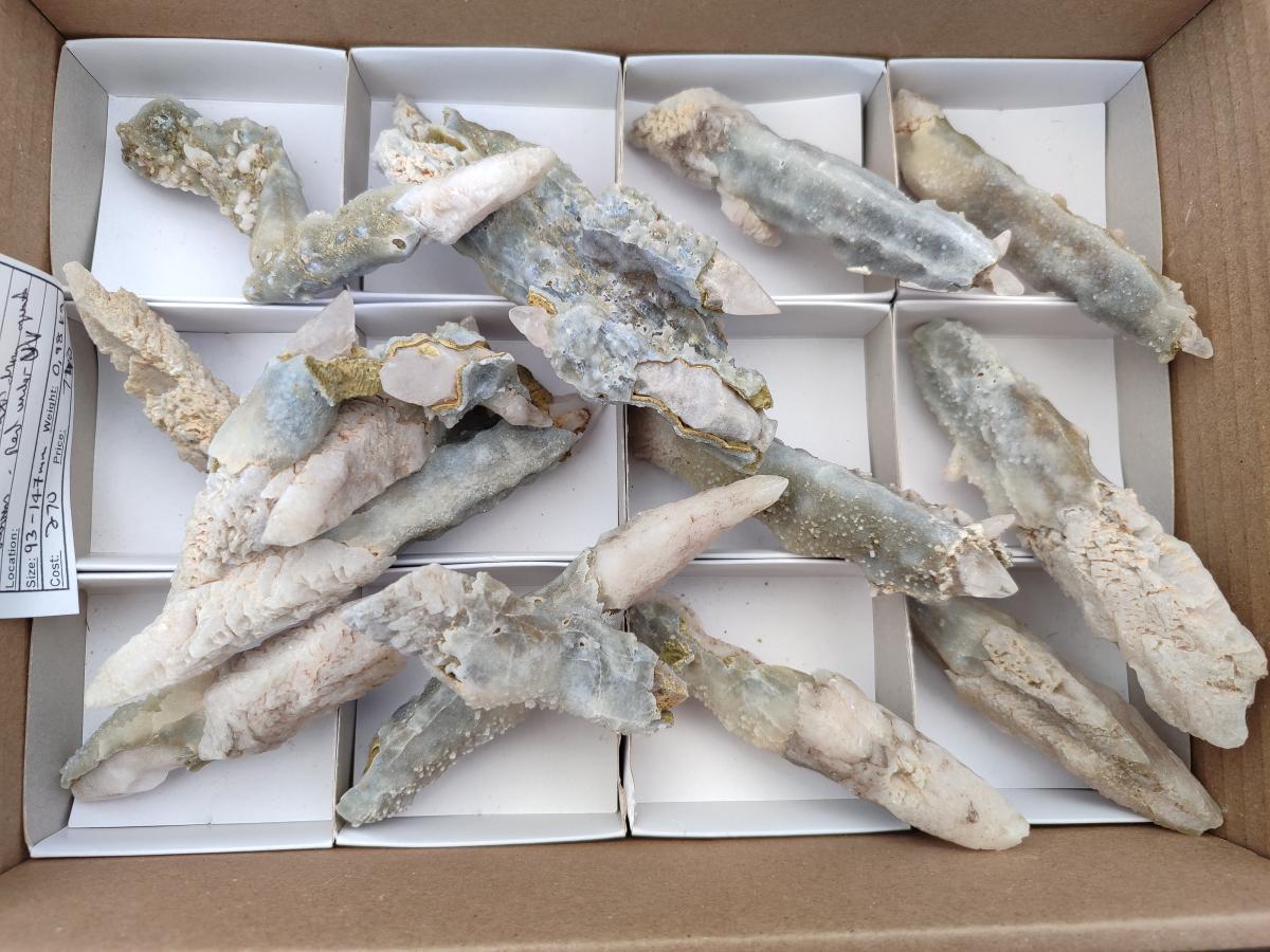 Natural Drusy Quartz Coated Spearhead Calcite Specimens x 12 From Albert's Mountain, Lesotho