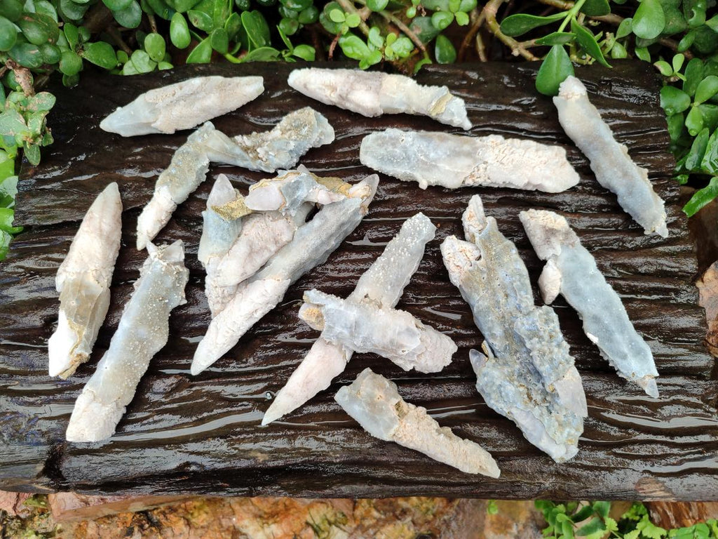 Natural Drusy Quartz Coated Spearhead Calcite Specimens x 12 From Albert's Mountain, Lesotho