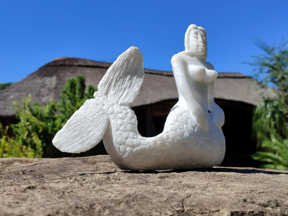 Hand Made White Marble Mermaid Carving x 1 From Zimbabwe