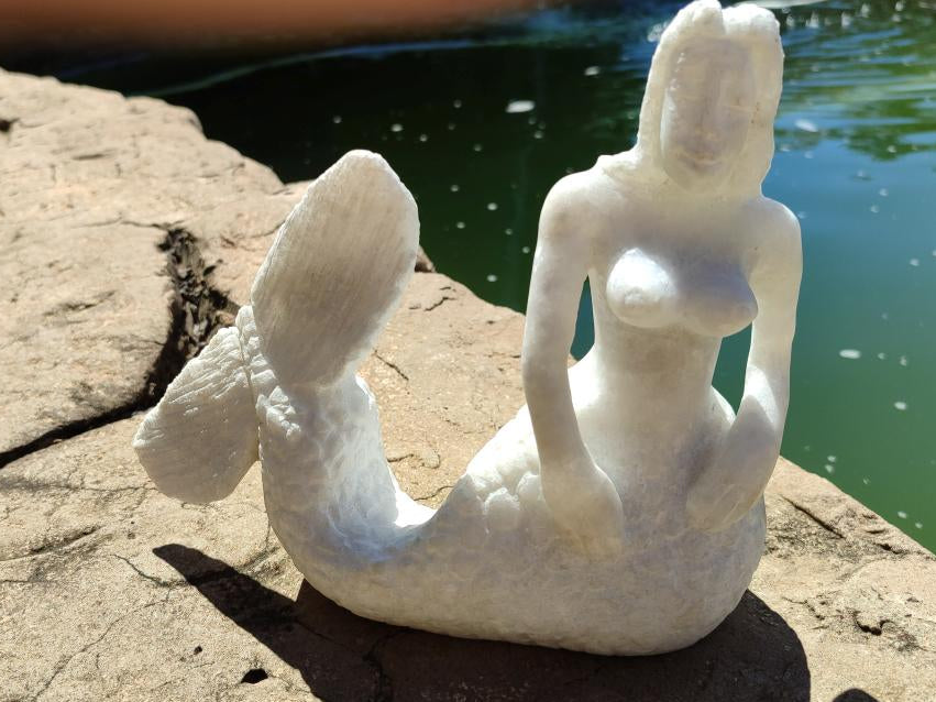 Hand Made White Marble Mermaid Carving x 1 From Zimbabwe - Toprock Gemstones and Minerals 