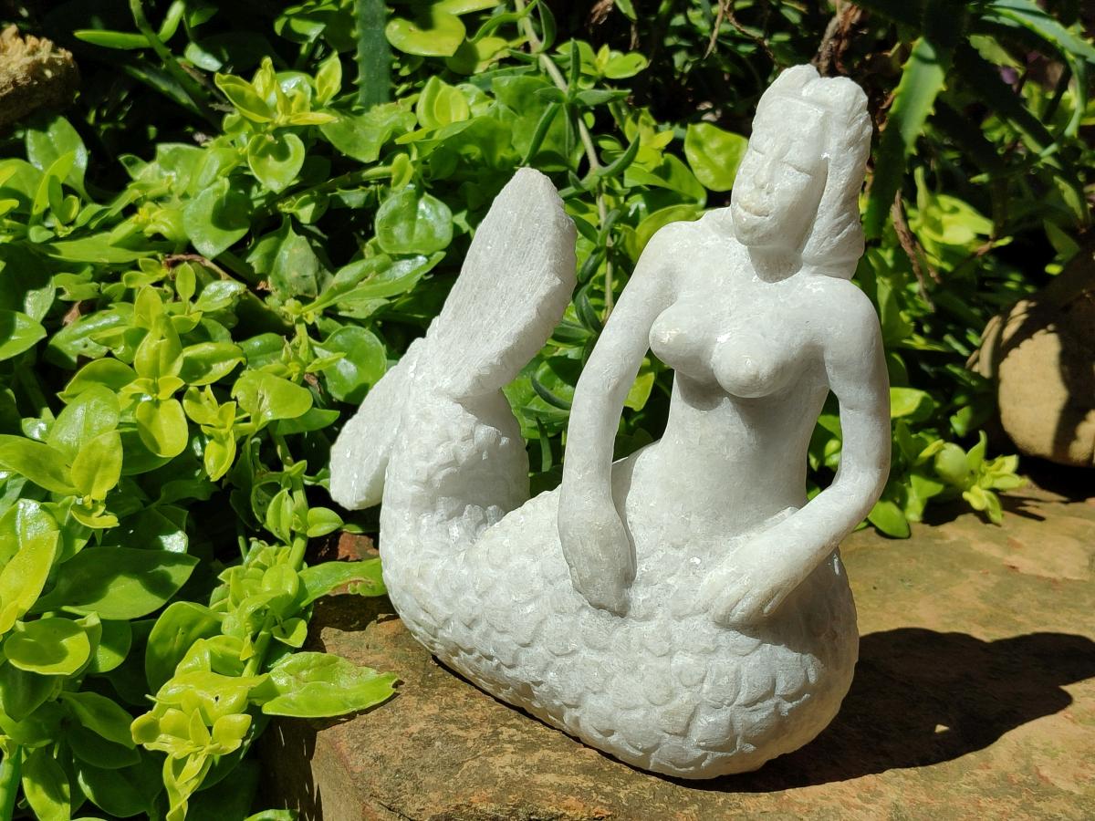 Hand Made White Marble Mermaid Carving x 1 From Zimbabwe - Toprock Gemstones and Minerals 
