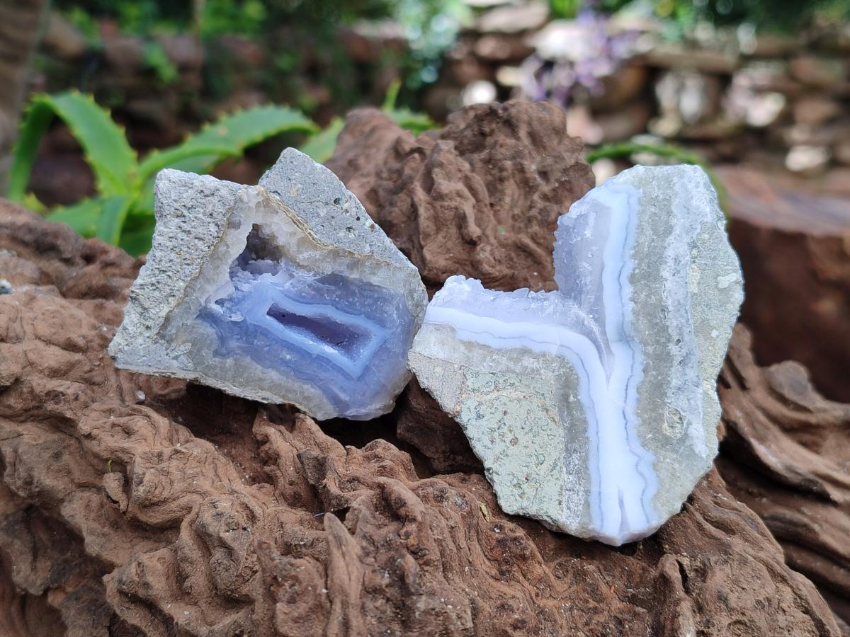 Polished On One Side Blue Lace Agate Geodes x 12 From Nsanje, Malawi