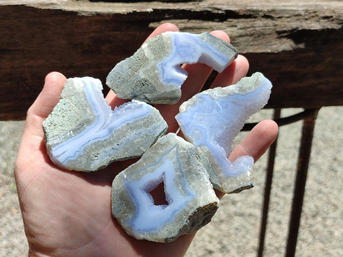 Polished On One Side Blue Lace Agate Geodes x 12 From Nsanje, Malawi