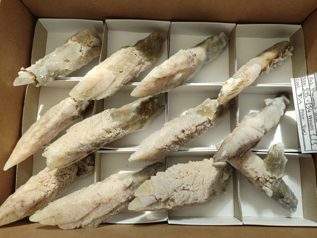 Natural Drusy Quartz Coated Calcite Pseudomorph Spearhead Specimens x 12 From Albert's Mountain, Lesotho