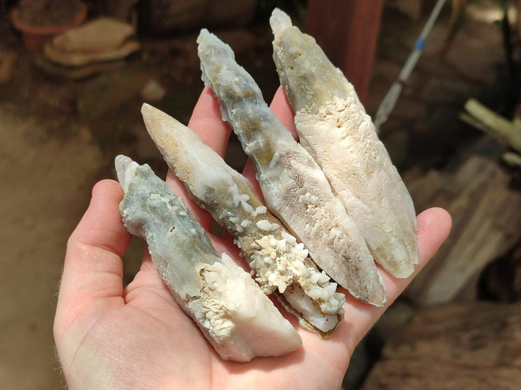 Natural Drusy Quartz Coated Calcite Pseudomorph Spearhead Specimens x 12 From Albert's Mountain, Lesotho