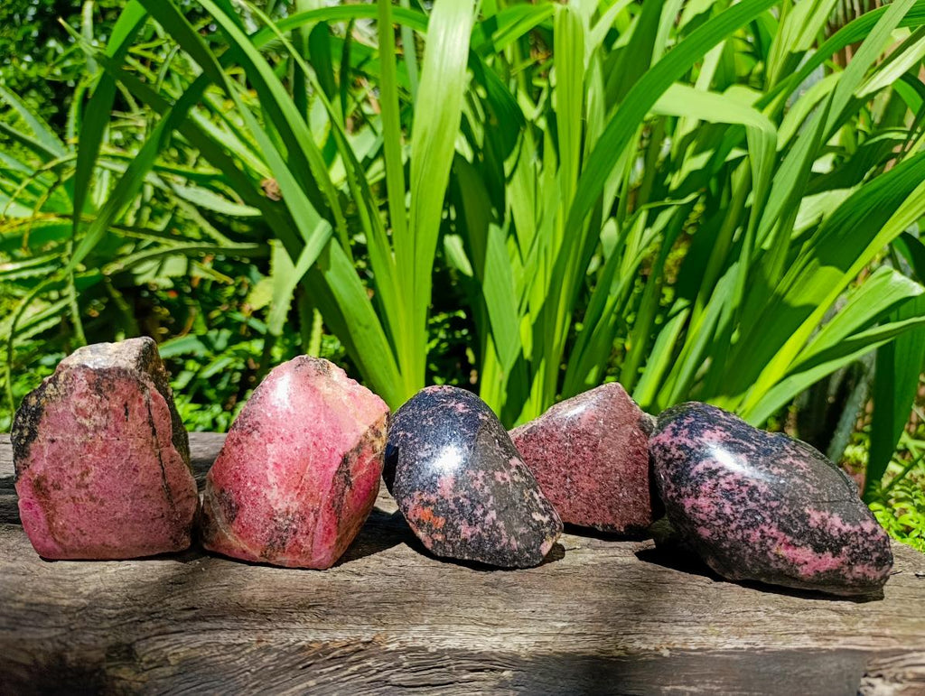 Polished On One Side Rhodonite Nodules x 5 From Ambindavato, Madagascar