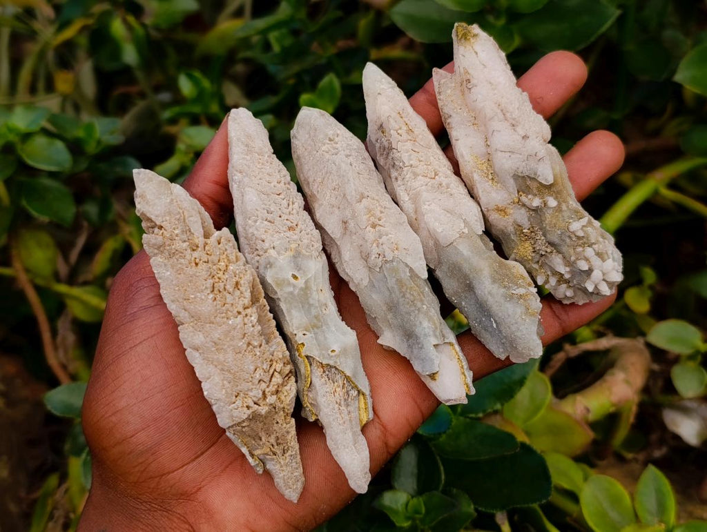 Natural Drusy Quartz Coated Spearhead Calcite Specimens x 12 From Albert's Mountain, Lesotho