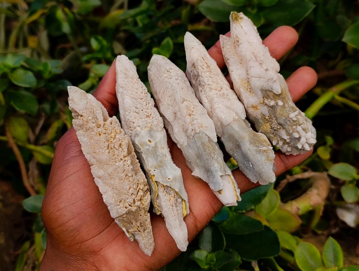 Natural Drusy Quartz Coated Spearhead Calcite Specimens x 12 From Albert's Mountain, Lesotho