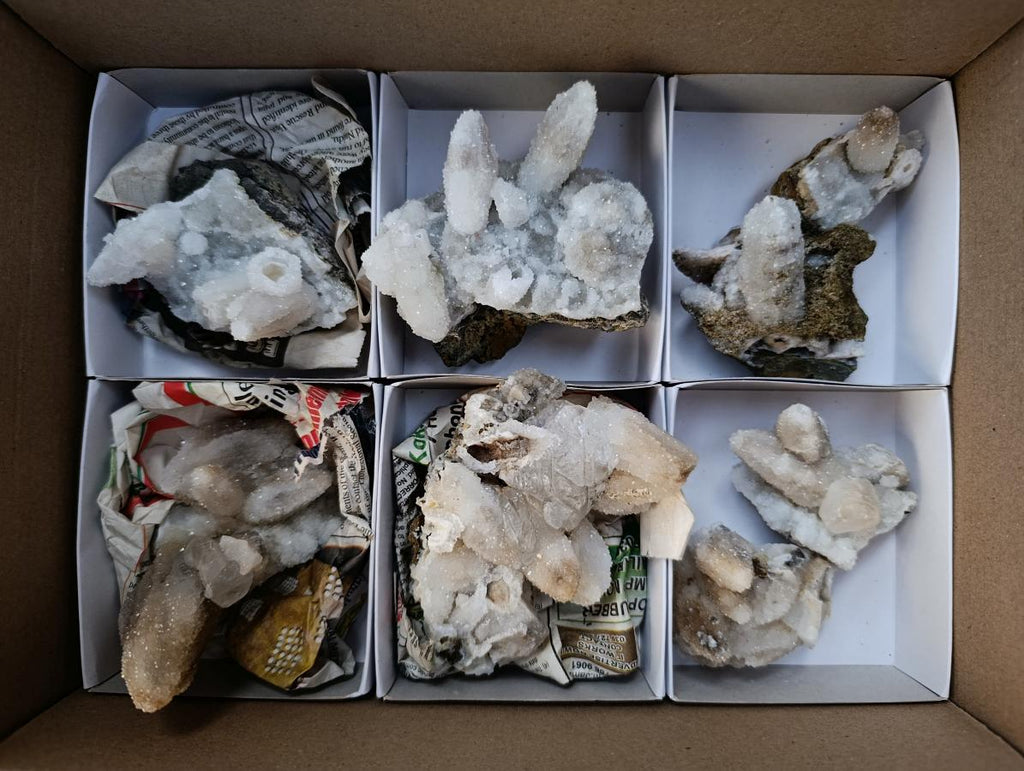 Natural Drusy Snow Quartz Clusters With Calcite Pseudomorph x 8 From Albert's Mountain , Lesotho