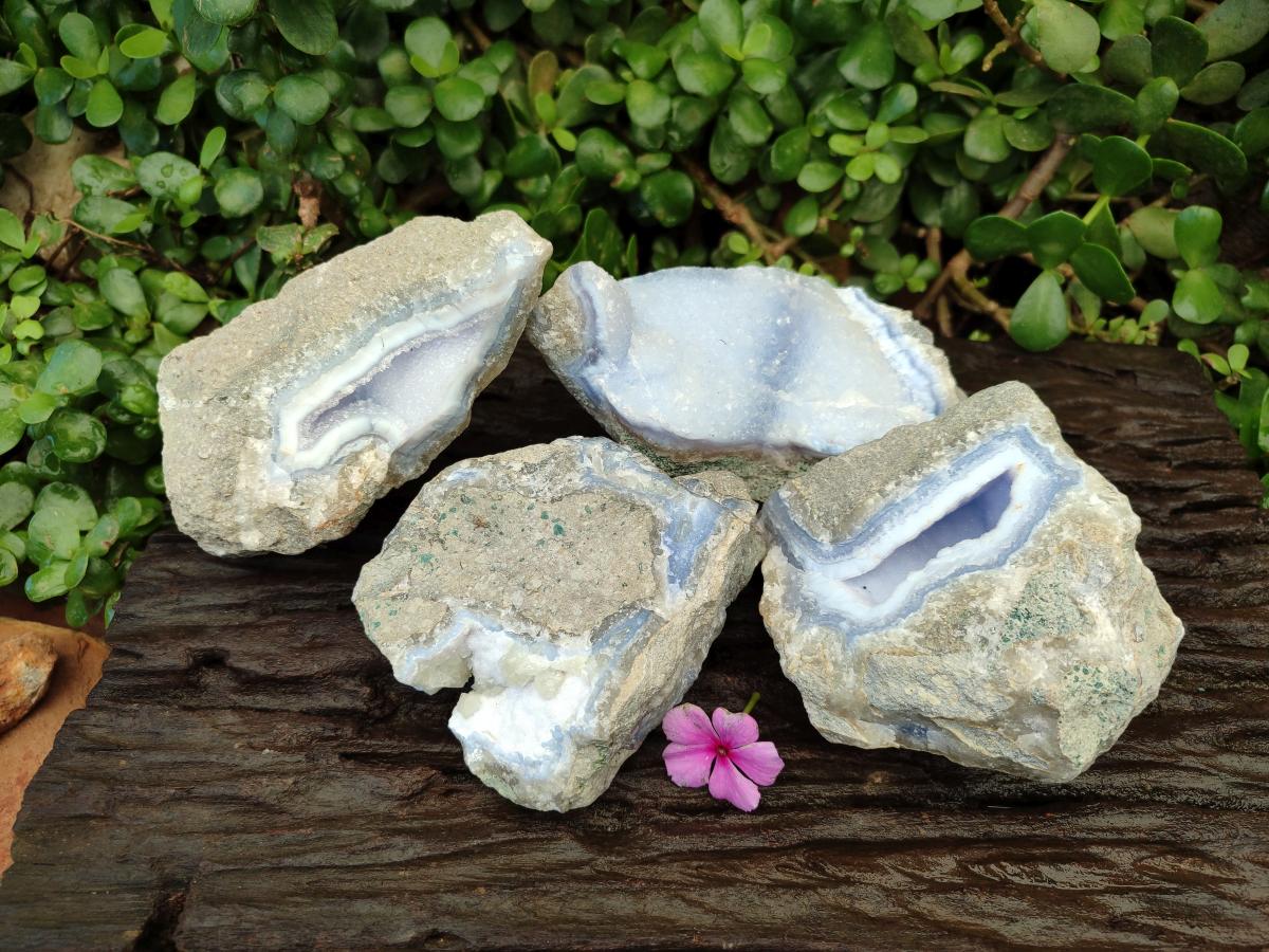 Natural Blue Lace Agate Geode Specimens x 4 From Nsanje, Malawi