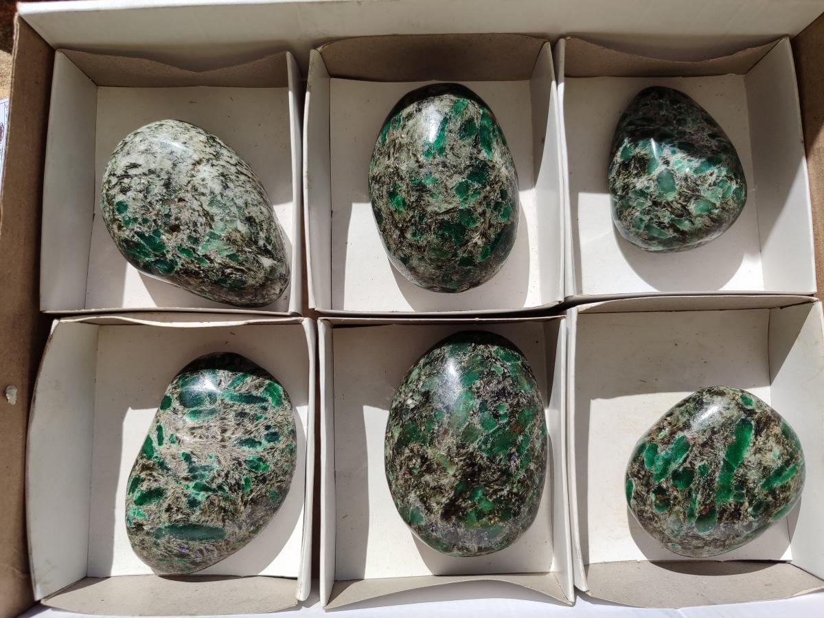 Polished Emerald Mica 'Mutokolite' Free Forms x 6 From Mutoko, Zimbabwe