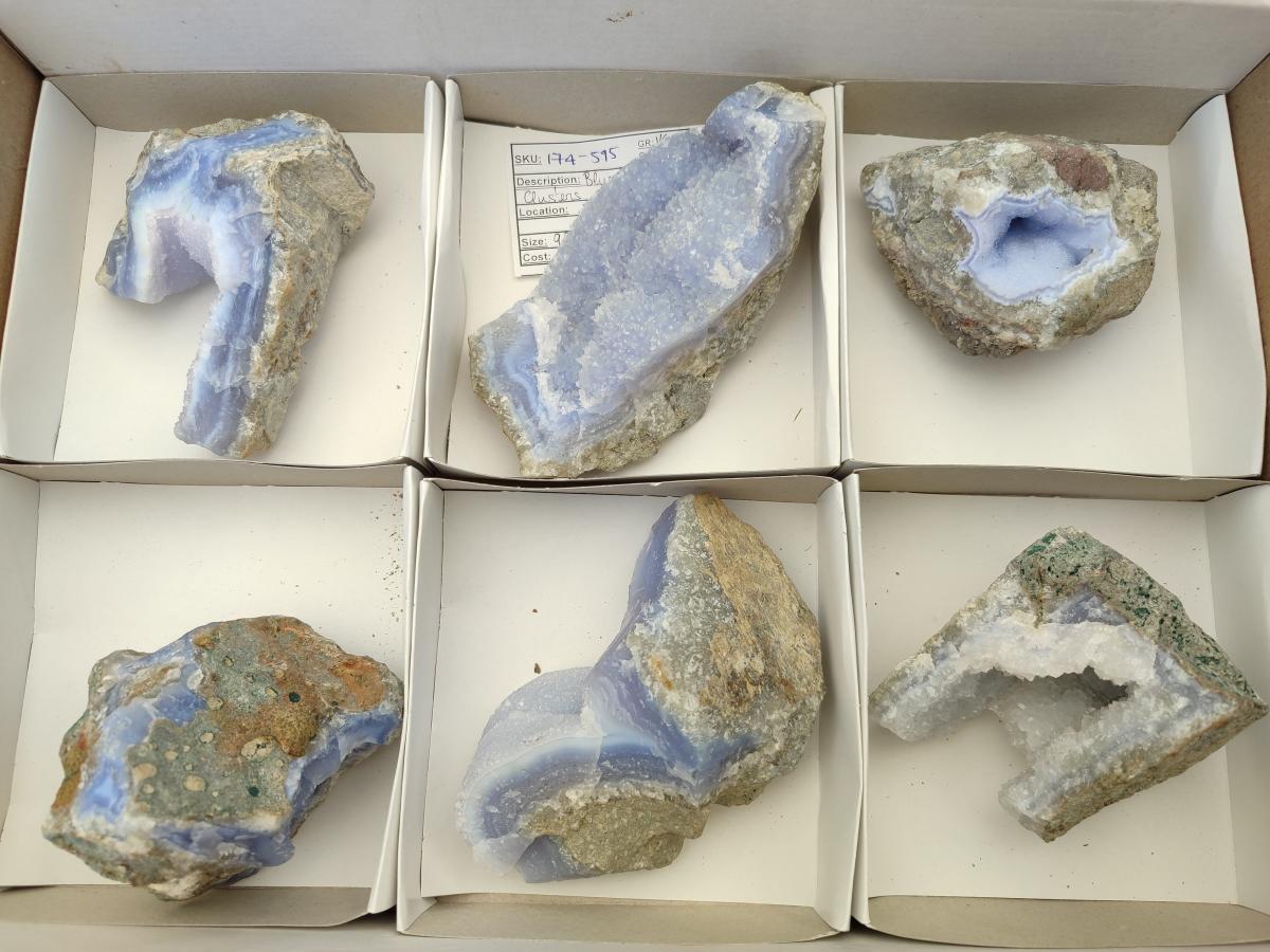 Natural Blue Lace Agate Geode Specimens x 6 From Nsanje, Malawi