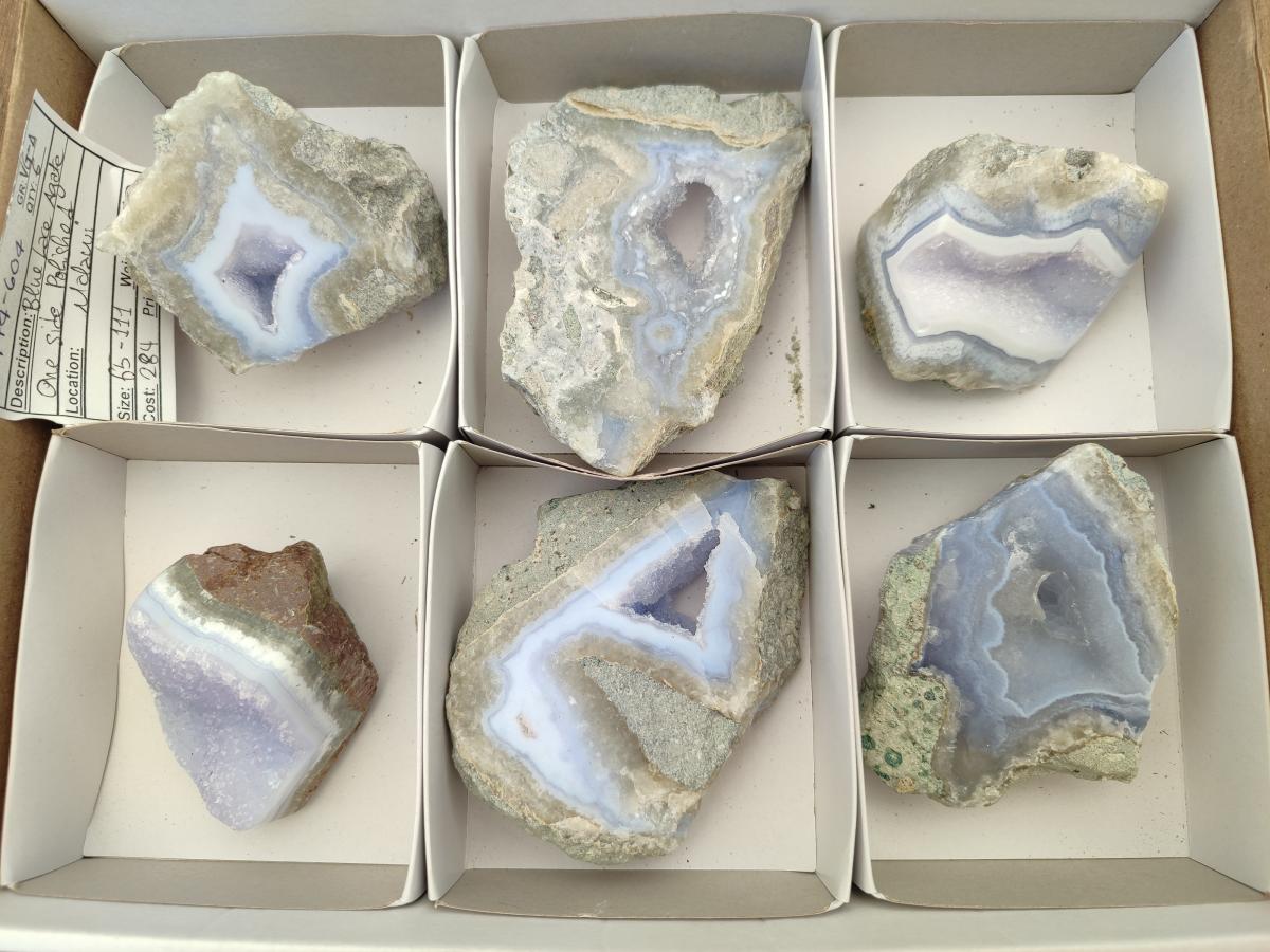 Polished On One Side Blue Lace Agate Geodes x 6 From Nsanje, Malawi