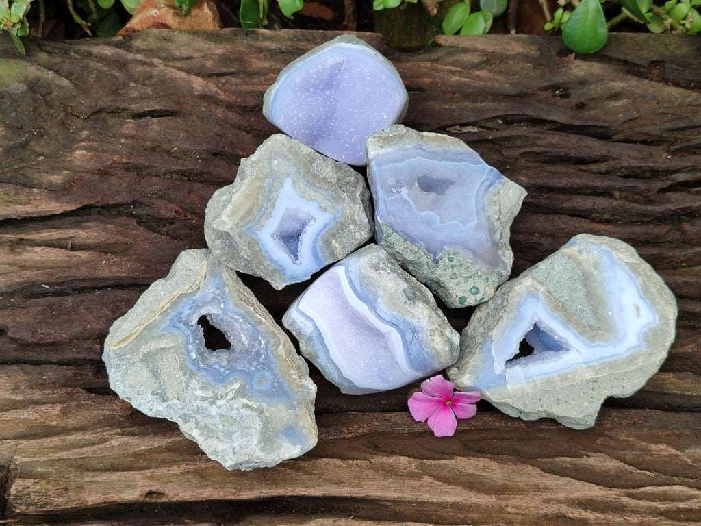 Polished On One Side Blue Lace Agate Geodes x 6 From Nsanje, Malawi