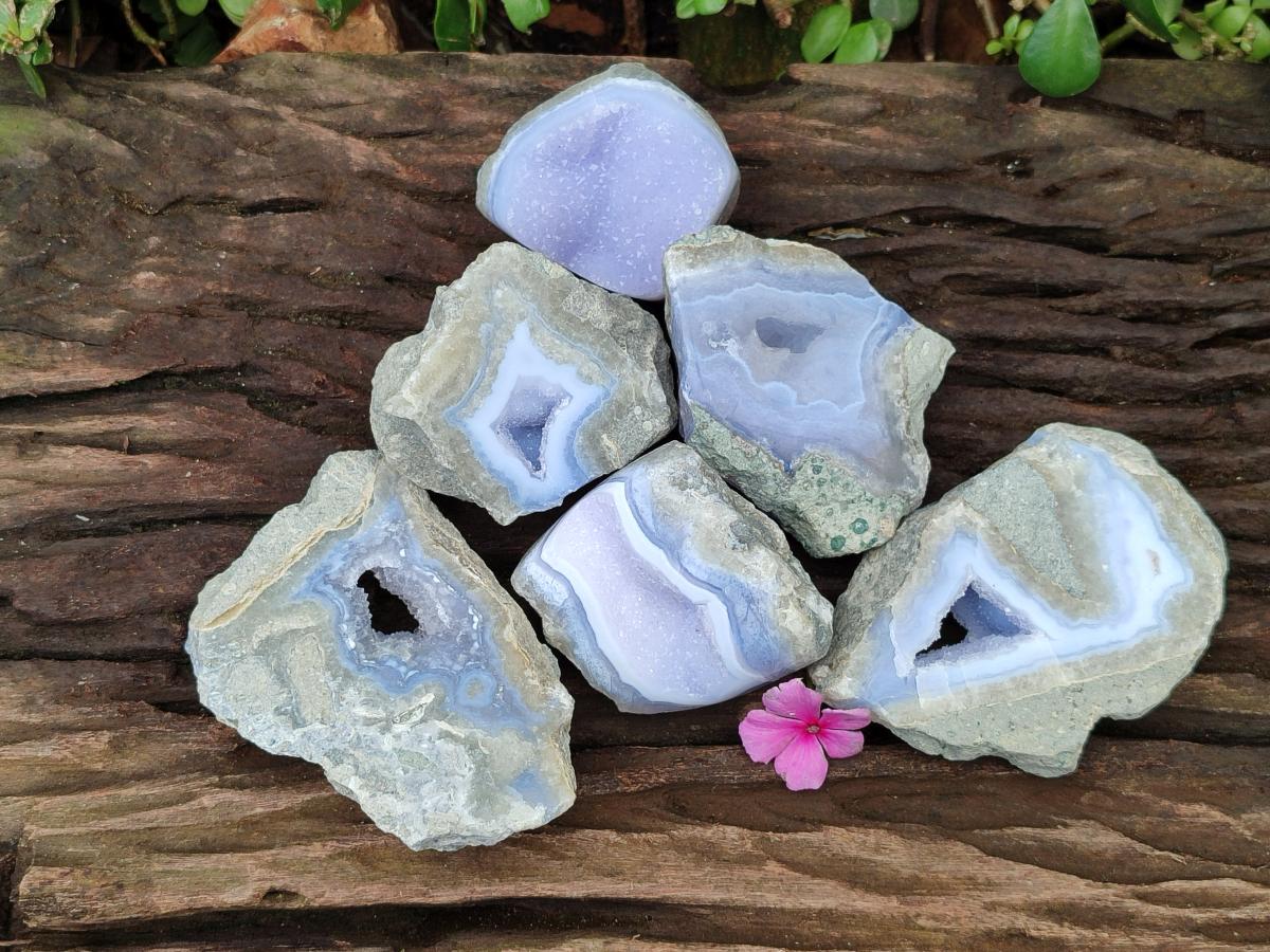 Polished On One Side Blue Lace Agate Geodes x 6 From Nsanje, Malawi