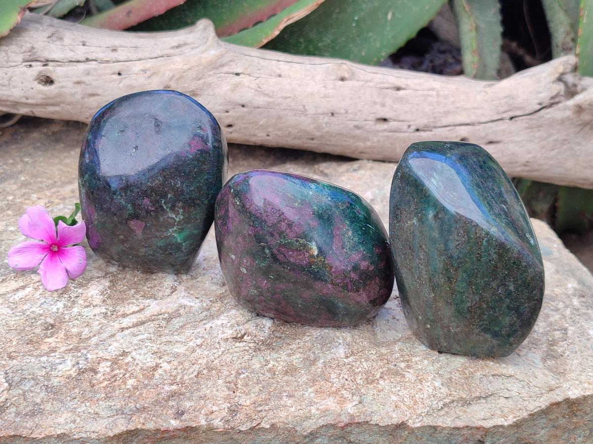 Polished Verdite With Ruby Corundum Standing Free Forms x 3 From Zimbabwe