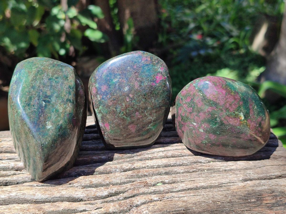 Polished Verdite With Ruby Corundum Standing Free Forms x 3 From Zimbabwe