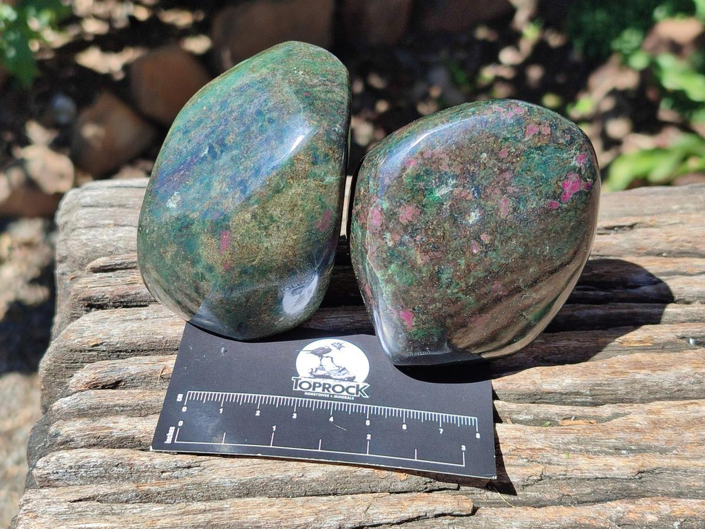 Polished Verdite With Ruby Corundum Standing Free Forms x 3 From Zimbabwe