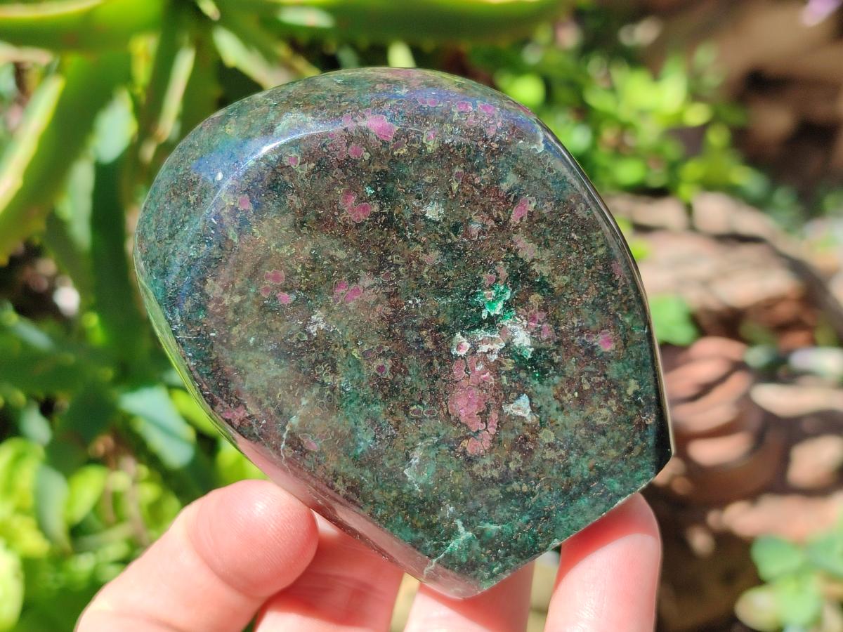 Polished Verdite With Ruby Corundum Standing Free Forms x 3 From Zimbabwe