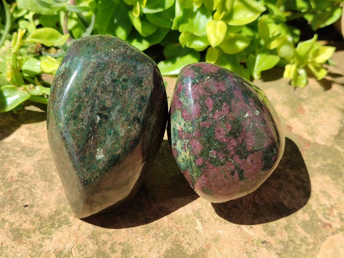 Polished Verdite With Ruby Corundum Standing Free Forms x 3 From Zimbabwe
