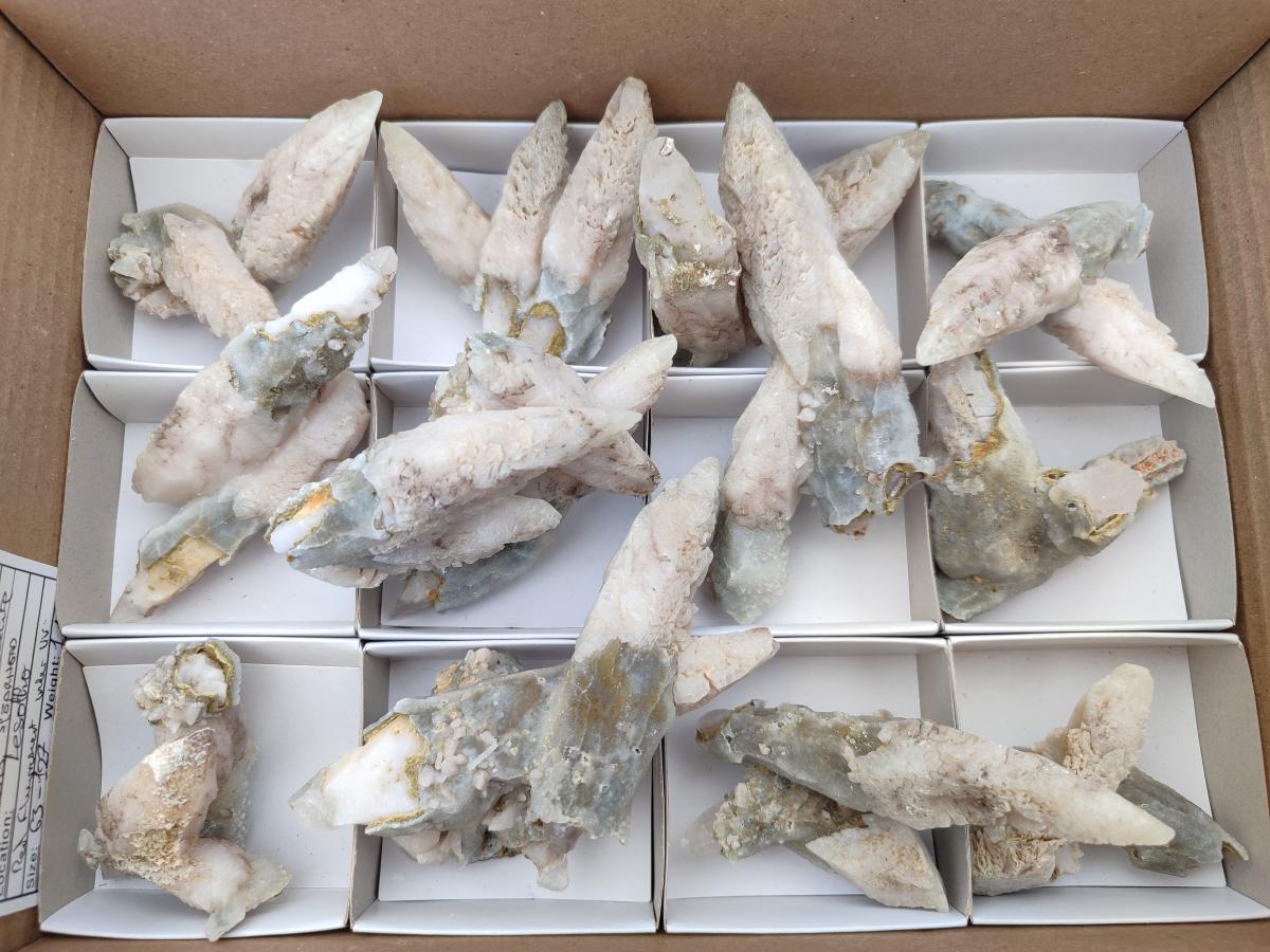 Natural Drusy Quartz Coated Spearhead Calcite Specimens x 12 From Albert's Mountain, Lesotho