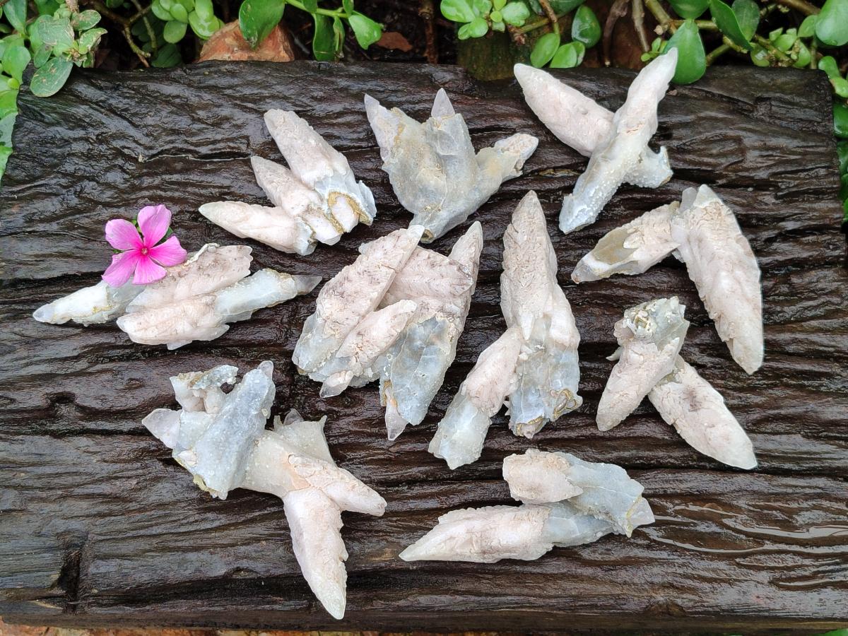 Natural Drusy Quartz Coated Spearhead Calcite Specimens x 12 From Albert's Mountain, Lesotho