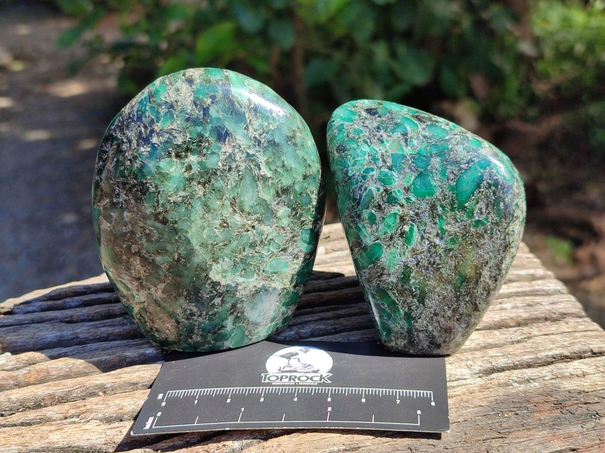 Polished Emerald Mica 'Mutokolite' Standing Free Forms x 3 From Mutoko, Zimbabwe