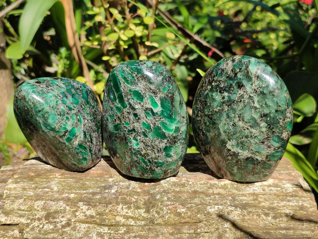 Polished Emerald Mica 'Mutokolite' Standing Free Forms x 3 From Mutoko, Zimbabwe