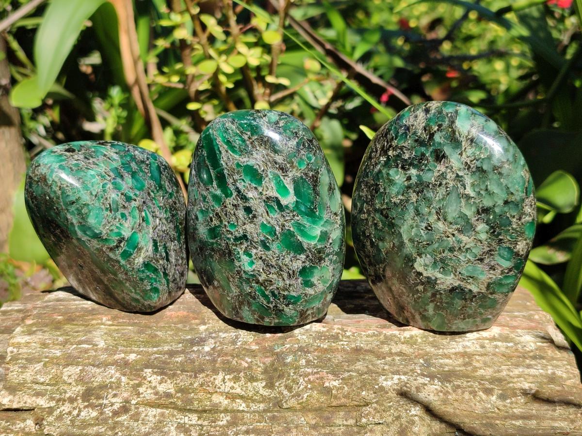 Polished Emerald Mica 'Mutokolite' Standing Free Forms x 3 From Mutoko, Zimbabwe