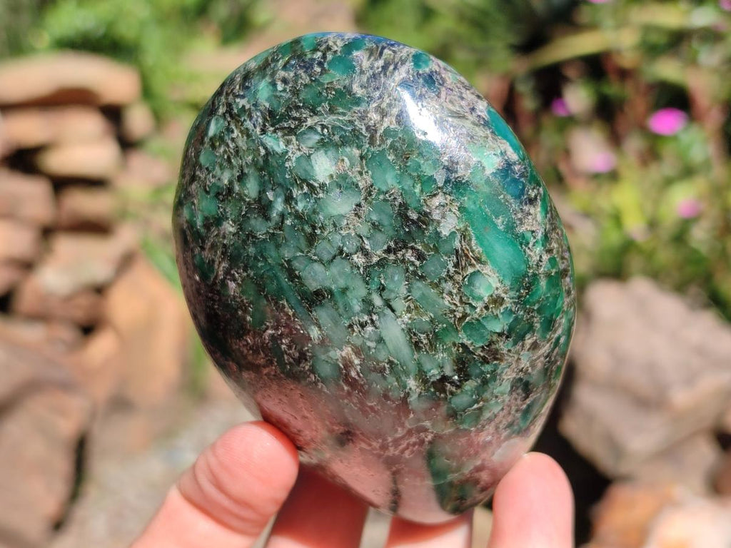 Polished Emerald Mica 'Mutokolite' Standing Free Forms x 3 From Mutoko, Zimbabwe