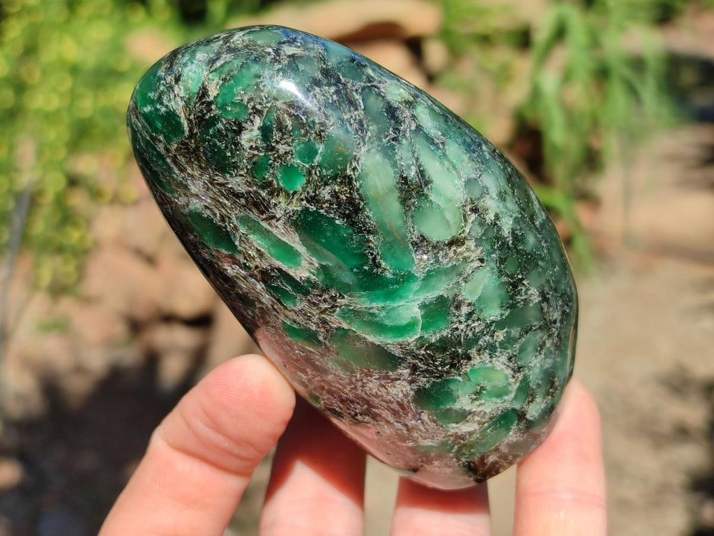Polished Emerald Mica 'Mutokolite' Standing Free Forms x 3 From Mutoko, Zimbabwe