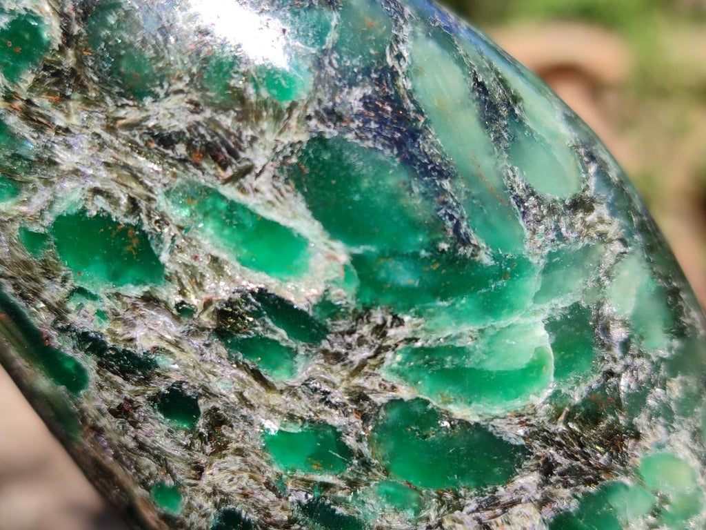 Polished Emerald Mica 'Mutokolite' Standing Free Forms x 3 From Mutoko, Zimbabwe