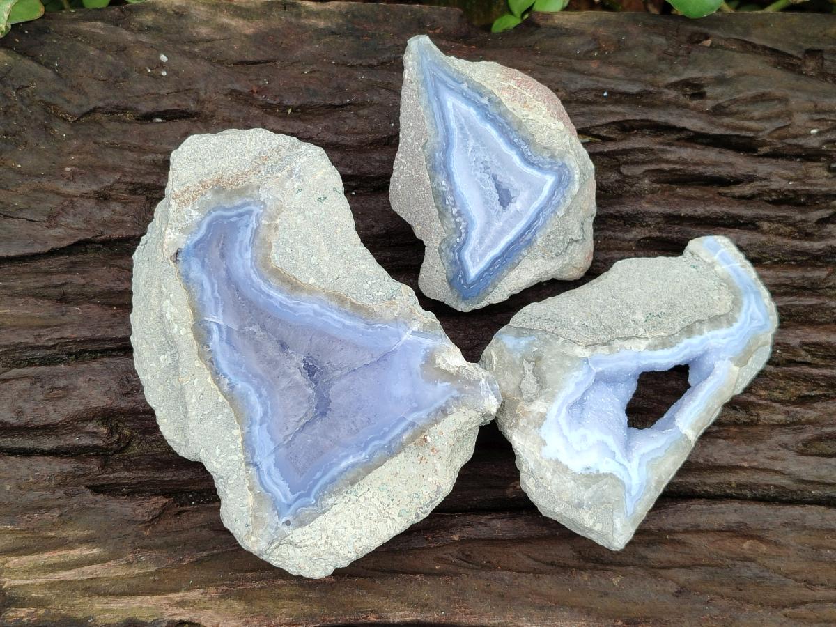 Polished On One Side Blue Lace Agate Geodes x 3 From Nsanje, Malawi