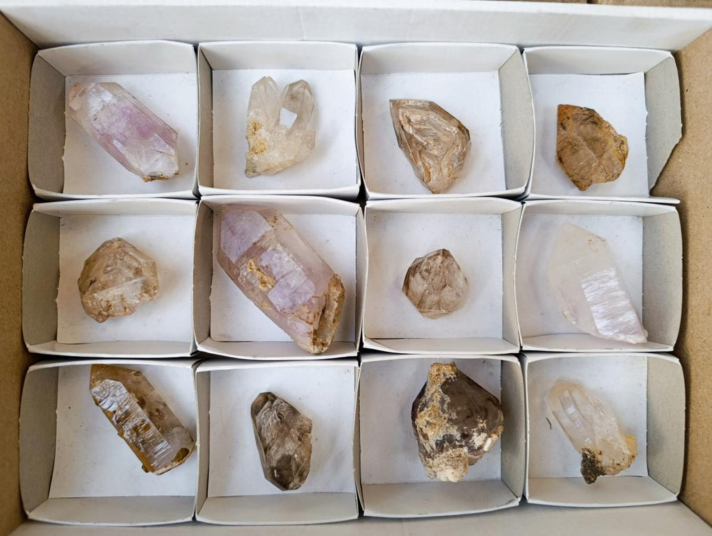 Natural Mix of Smokey, Clear and Amethyst Quartz Crystals x 12 From Brandberg, Namibia