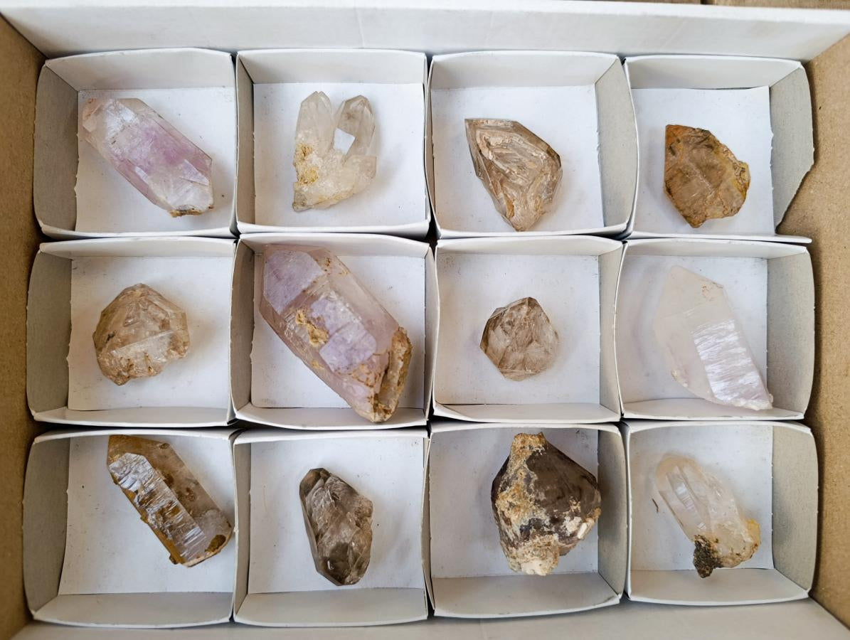 Natural Mix of Smokey, Clear and Amethyst Quartz Crystals x 12 From Brandberg, Namibia