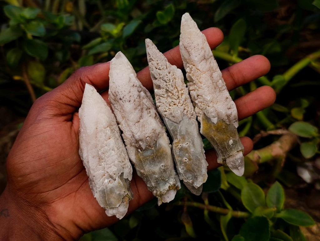Natural Drusy Quartz Coated Spearhead Calcite Specimens x 12 From Albert's Mountain, Lesotho