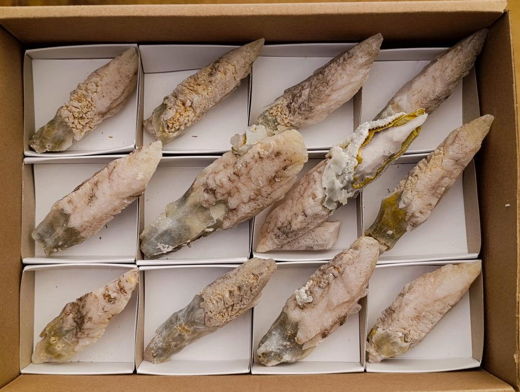 Natural Drusy Quartz Coated Spearhead Calcite Specimens x 12 From Albert's Mountain, Lesotho