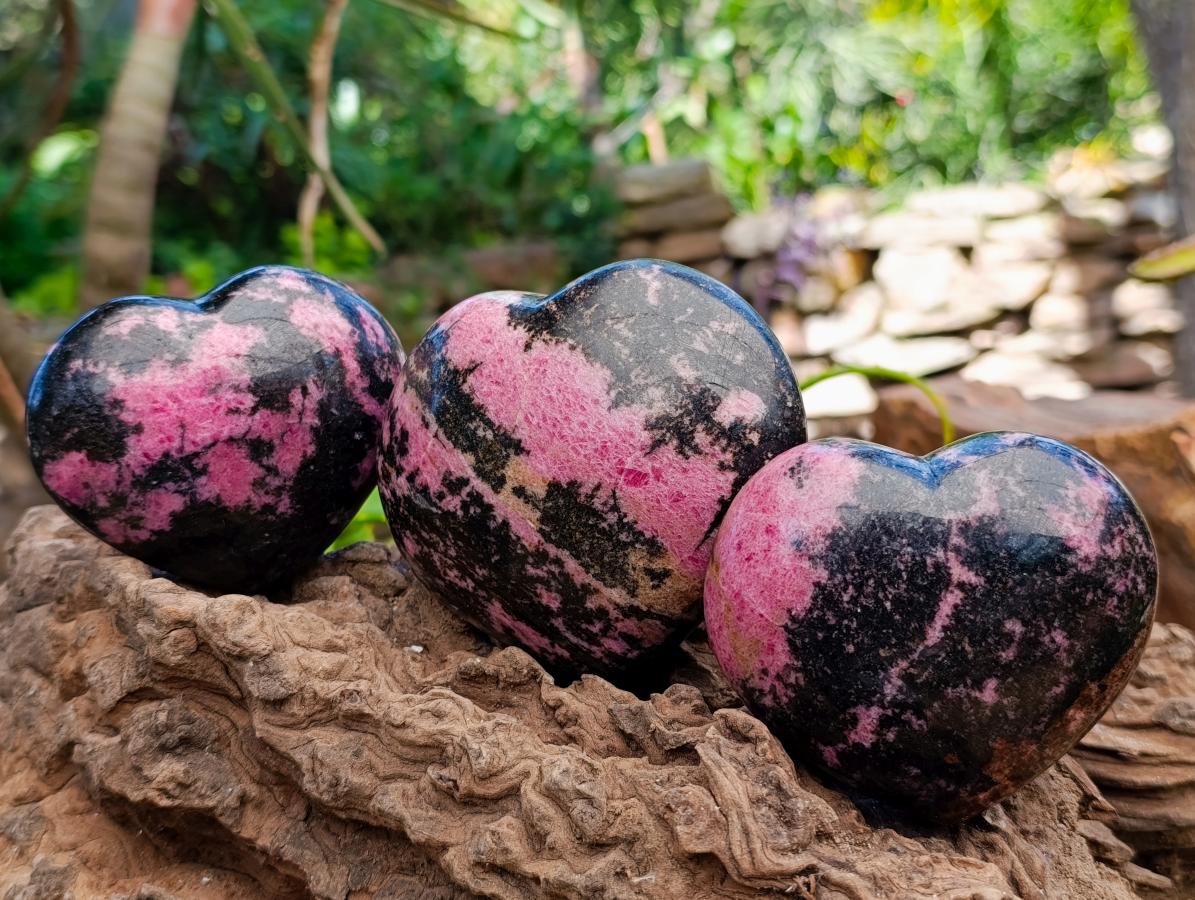 Polished Rhodonite Hearts x 3 From Ambindavato, Madagascar