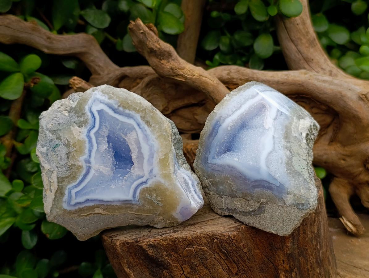 Polished On One Side Blue Lace Agate Geodes x 4 From Nsanje, Malawi