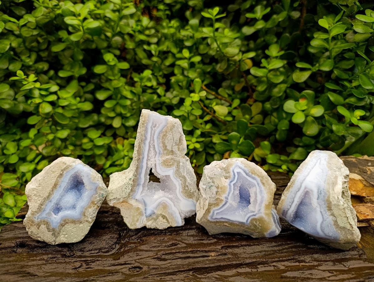 Polished On One Side Blue Lace Agate Geodes x 4 From Nsanje, Malawi