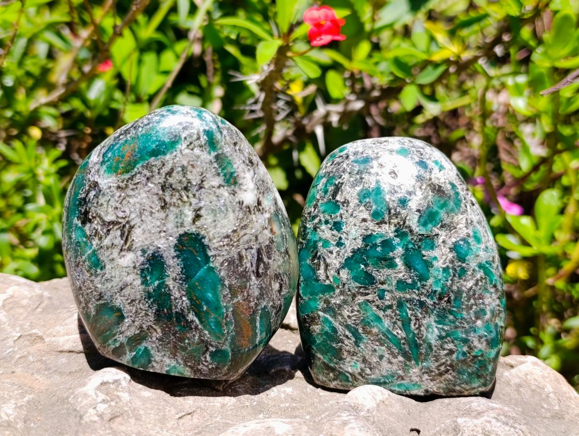 Polished Emerald Mica 'Mutokolite' Standing Free Forms x 3 From Mutoko, Zimbabwe