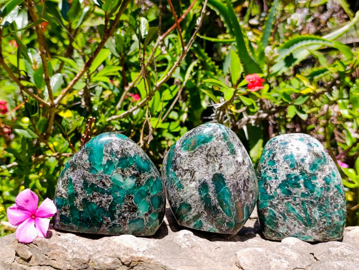 Polished Emerald Mica 'Mutokolite' Standing Free Forms x 3 From Mutoko, Zimbabwe - Toprock Gemstones and Minerals 