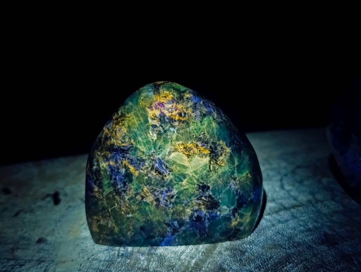 Polished Emerald Mica 'Mutokolite' Standing Free Forms x 3 From Mutoko, Zimbabwe