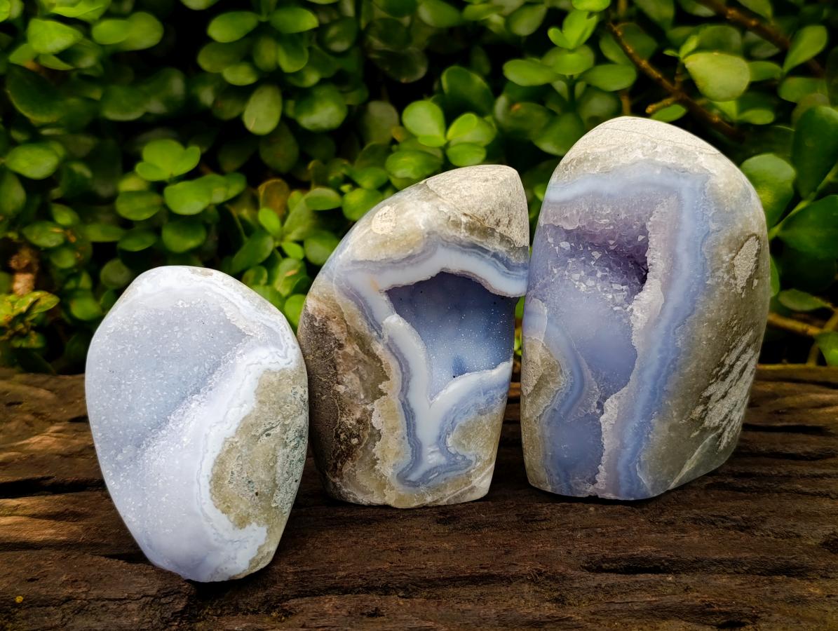 Polished Blue Lace Agate Standing Free Forms x 3 From Nsanje, Malawi