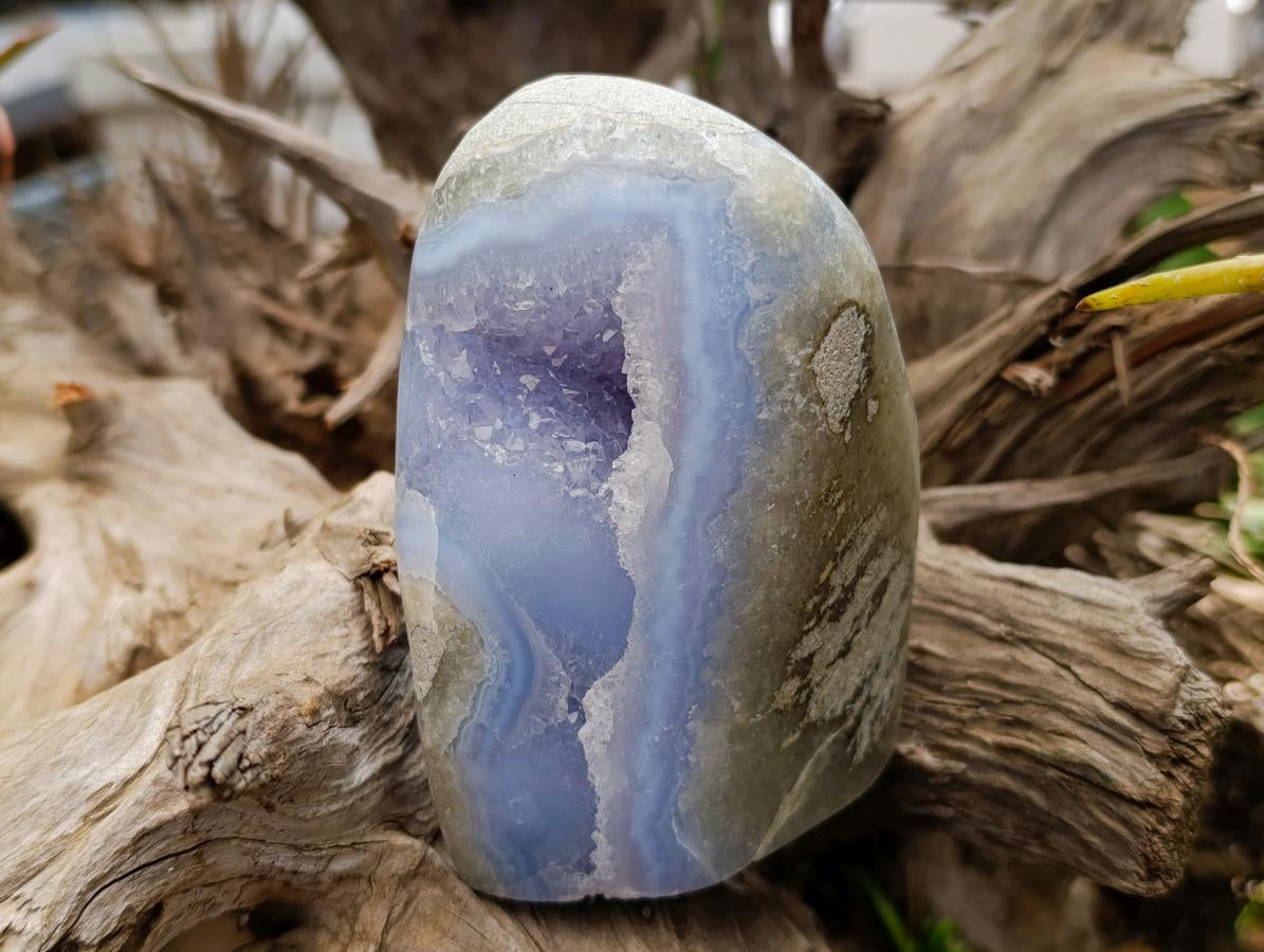 Polished Blue Lace Agate Standing Free Forms x 3 From Nsanje, Malawi