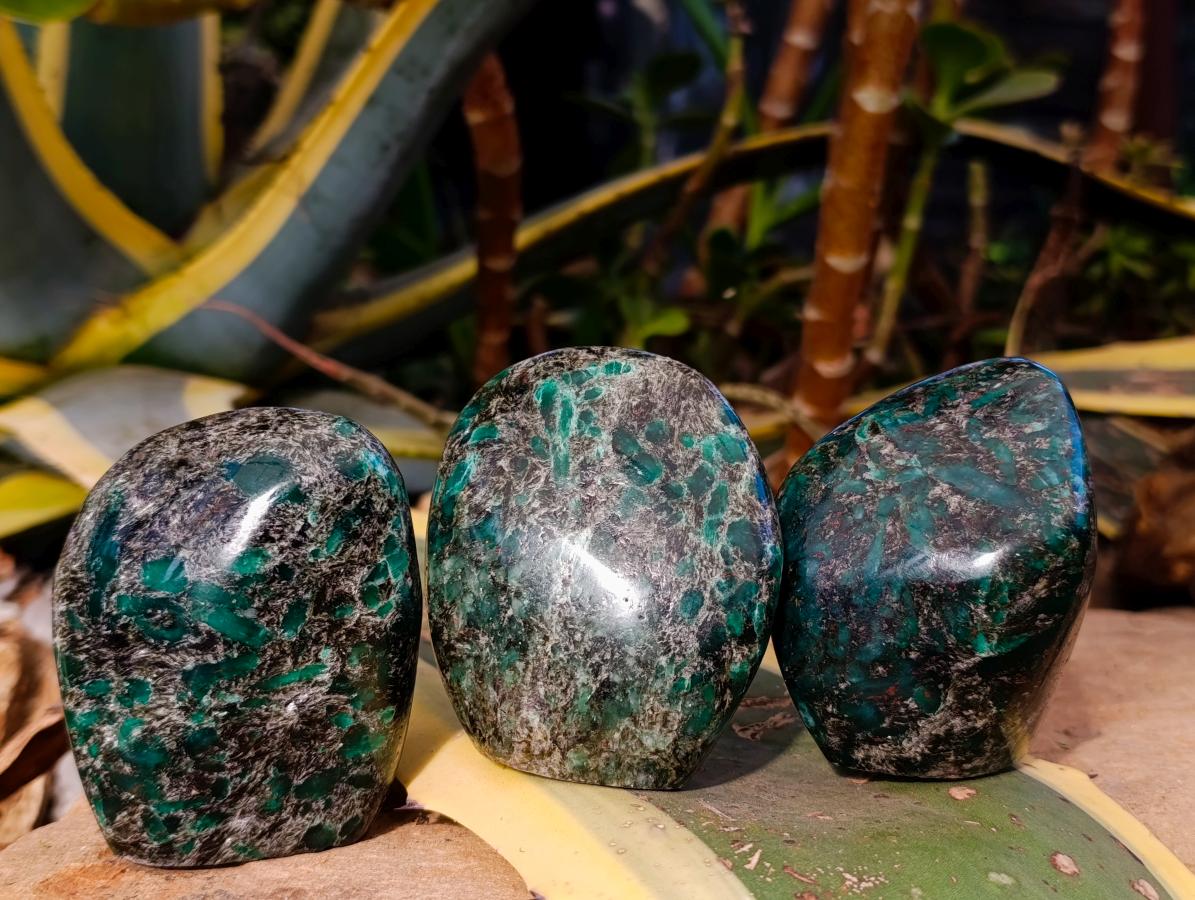 Polished Emerald Mica 'Mutokolite' Standing Free Forms x 3 From Mutoko, Zimbabwe