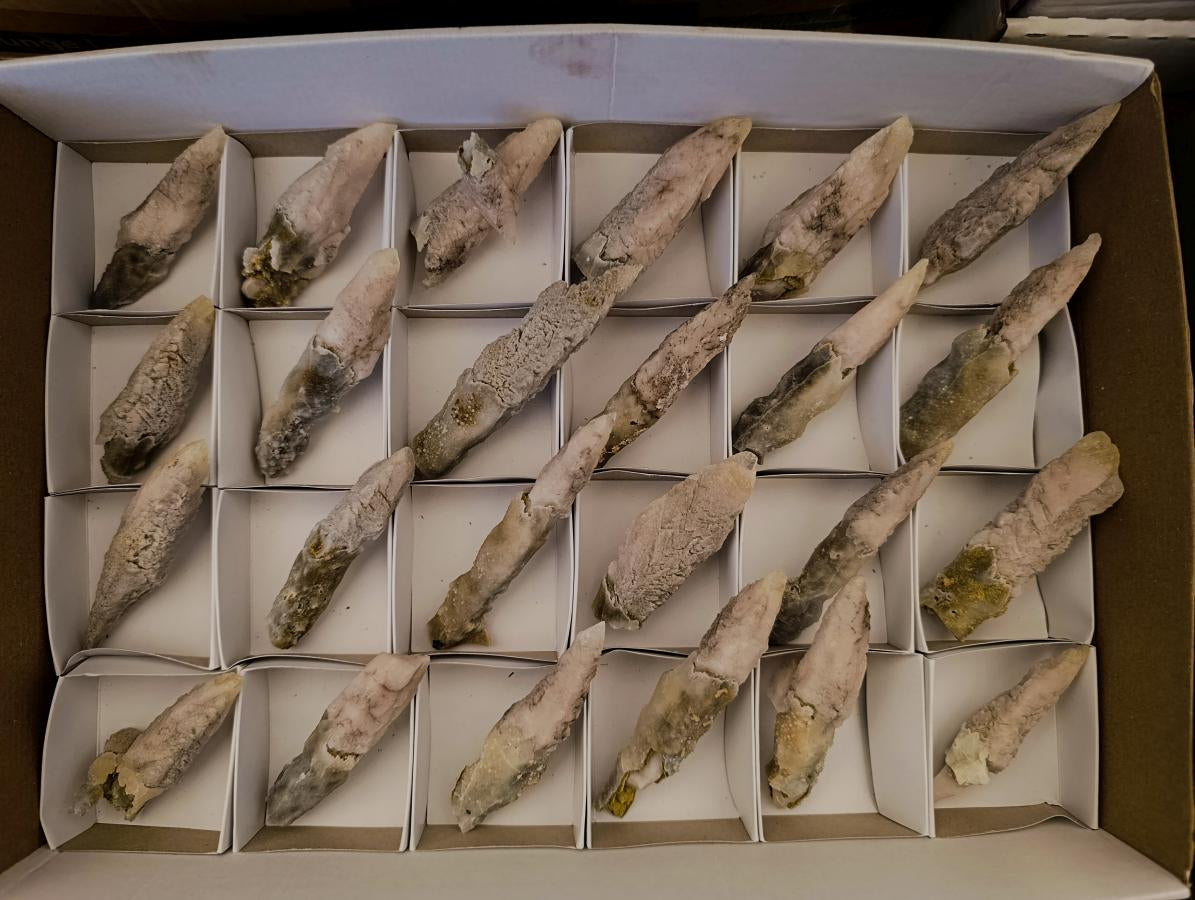 Natural Drusy Quartz Coated Spearhead Calcite Specimens x 24 From Albert's Mountain, Lesotho